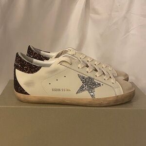 Golden Goose Cream Sneakers with Brown Glitter and Silver Star